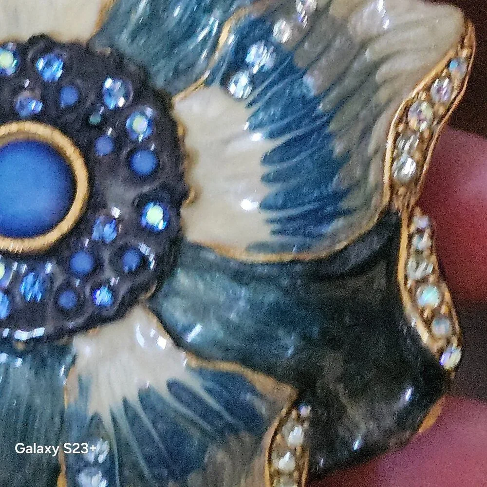 HANDSIGNED RARE JAY STRONGWATER BLUE FLOWER ENAMEL CRYSTAL JEWELRY TRAY DISH